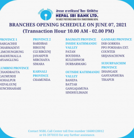Branches Opening Schedule on June 07, 2021