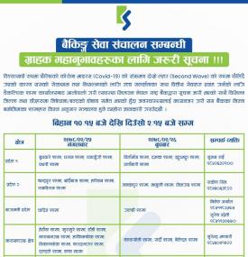 	 बैकिङ्ग सेवा तथा काउण्टर संचालन सम्बन्धि सूचना - KSBBL Banking Hours -