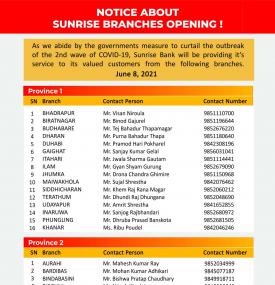 सनराइज बैंकको आज खुल्ला रहने शाखा समयबारे सूचना - Banking Hours -