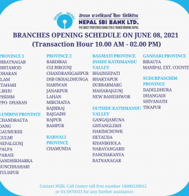 Branches Opening Schedule on June 08, 2021