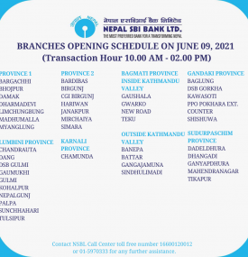 Branches Opening Schedule on June 09, 2021