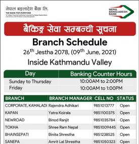 Notice for inside valley branch schedule for Jestha 26, 2078.