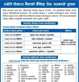 ज्योति विकास बैंकको २६ गतेका दिन संचालन हुने शाखाहरु सम्बन्धी सूचना।