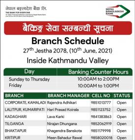 Notice for inside valley branch opening schedule for Jestha 27, 2078
