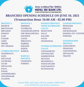 Branches Opening Schedule on June 10, 2021