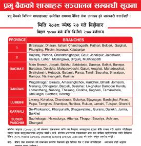प्रभु बैंकका निम्न शाखाहरु खुल्ला रहने सूचना!