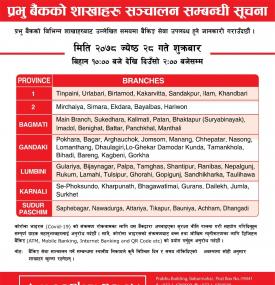 प्रभु बैंकका निम्न शाखाहरु खुल्ला रहने सूचना