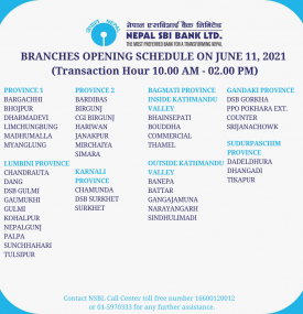 Branches Opening Schedule on June 11, 2021