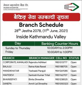 Notice for inside valley branch opening schedule for Jestha 28, 2078.