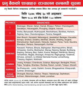 प्रभु बैंकका निम्न शाखाहरु खुल्ला रहने सूचना - Prabhu Banking Hours -