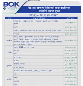 BOK का शाखाहरु खुल्ला रहने सूचना