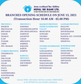Branches Opening Schedule on June 13, 2021