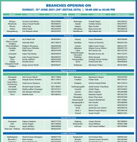 Branches Opening Schedule on June 13, 2021