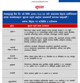 माछापुच्छ्रे बैंकको आज खुल्ला रहने शाखा समयबारे सूचना - MBL Banking Hours -