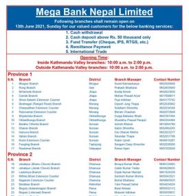 मेगा बैंकको आज खुल्ला रहने शाखा समयबारे सूचना (Banking Hours Province 1-7)