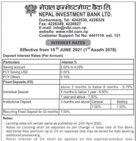 नेपाल इन्भेयटमेण्ट बैंकको व्याजरदर परिवर्तनको सूचना