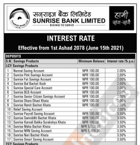 सनराइज बैंकको व्याजरदर परिवर्तनको सूचना - New Interest Rates -