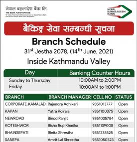 Branch Opening Hours - Inside Kathmandu Valley -