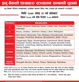 Prabhu बैंकको शाखाहरु खुल्ला रहने सूचना
