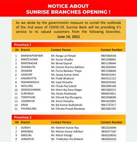 Sunrise बैंकको शाखाहरु खुल्ला रहने सूचना