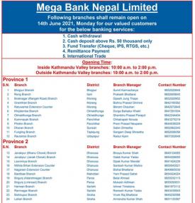 मेगा बैंकको आज खुल्ला रहने शाखा समयबारे सूचना (Banking Hours Province 1-7)
