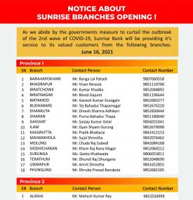 Sunrise बैंकको शाखाहरु खुल्ला रहने सूचना