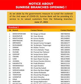 Sunrise बैंकको शाखाहरु खुल्ला रहने सूचना