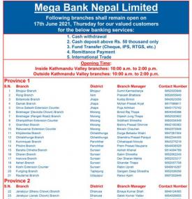 Mega Bank को शाखाहरु खुल्ला रहने सूचना