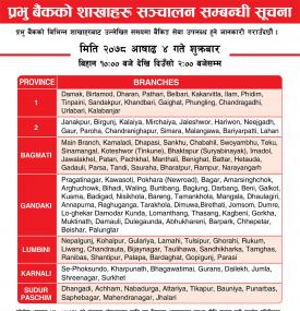 Prabhu बैंकको शाखाहरु खुल्ला रहने सूचना