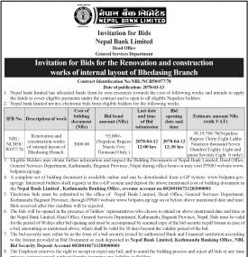 Invitation for Bids for the Renovation and Construction works of internal layout of Bhedasing Branch