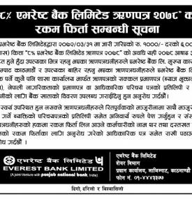 ८ प्रतिशत एभरेष्ट बैंक लिमिटेड ऋणपत्र २०७८ को रकम फिर्ता सम्बन्धी सूचना