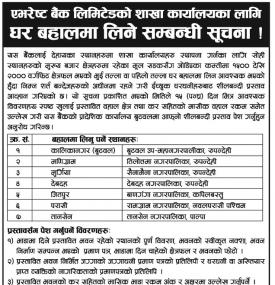 बैंकको शाखा कार्यालयका लागि घर बहालमा लिने सम्बन्धी सूचना