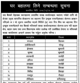 शाखा कार्यालयहरु स्थापनाका लागि घर बहालमा लिनेबारे सूचना