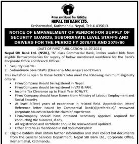 Notice of Empanelment of Vendor of Supply of Security Guard