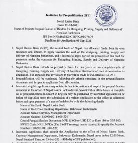 Notice on Invitation for Prequalification for Designing, Printing, supply & delivery of Neplease Ban