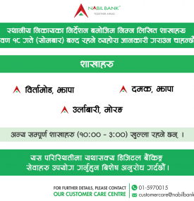 नबील बैंकको बन्द रहने शाखा कार्यालयबारे महत्वपूर्ण सूचना