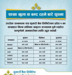 कुमारी बैंकको शाखा खुला वा बन्द रहने बारे सूचना