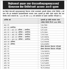 निक्षेपकर्ता ग्राहक तथा शेयरधनीहरुलाई हिमालयन बैंकको जरुरी सूचना