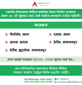 बैंकको शाखा कार्यालयहरु बन्द रहने बारे सूचना ।