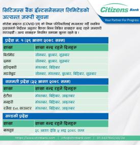 सिटिजन्स बैंकका  शाखा कार्यालयहरु बन्द रहने सम्बन्धी सूचना ।