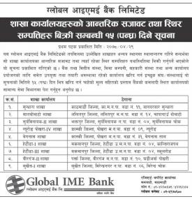 बैंकको शाखा कार्यालयहरुको आन्तरिक सजावट तथा स्थिर सम्पत्तिहरु विक्रीबारे सूचना