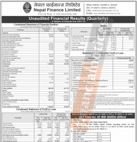 नेपाल फाइनान्सको खुद नाफा २ करोड ६२ लाख रुपैयाँ - Q4 Report -