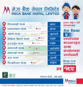 मेगा बैंकको ९ एक्सटेंसन काउंटरहरू  शाखा कार्यालयमा परिणत बारे सूचना !