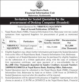 Invitation for Sealed Quotation for the procurement of Desktop Computer (Branded)