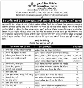 शेयरधनीहरुको शेयर प्रमाण पत्र हराएको सम्बन्धी ३५ दिने अत्यन्त जरुरी सूचना