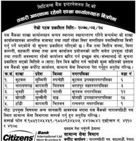 सिटिजन्स बैंकको शाखा कार्यालयहरु बिक्रीमा रहेको बारे सूचना