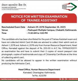 Notice for Written Examination of Trainee Assistant.
