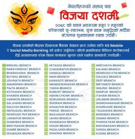 विजया दशमीको बिदाका दिनहरूमा बैंकका निम्न शाखाहरु खुल्ला रहनेबारे सूचना