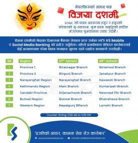 विजया दशमीको बिदाका दिनहरूमा बैंकका निम्न शाखाहरु खुल्ला रहनेबारे सूचना