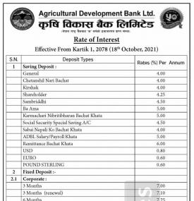 कृषि विकास बैंकको नयाँ ब्याजदर परिवर्तनबारे सूचना